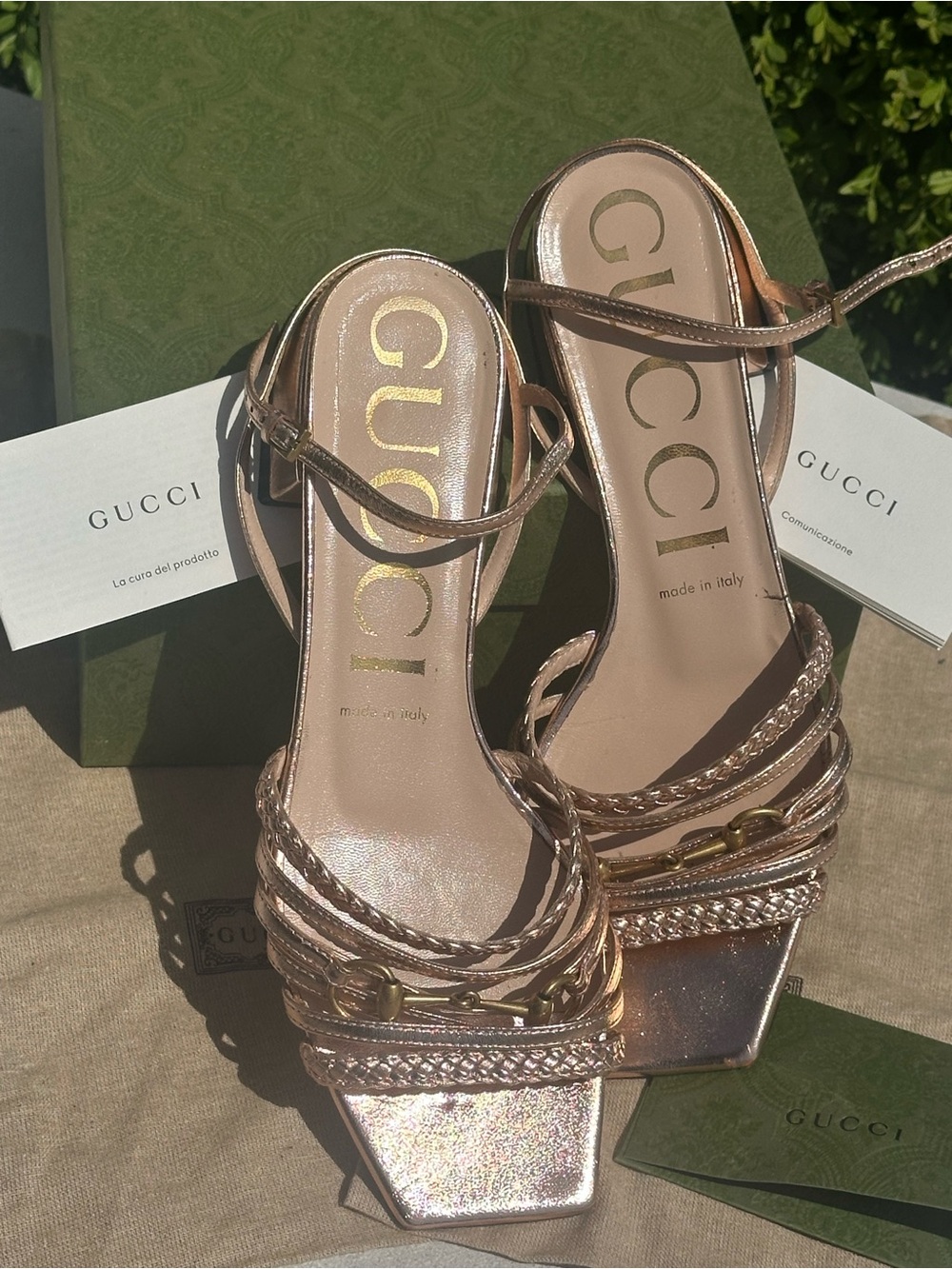Gucci Metallic Rose Gold Nappa Braided Horsebit Ketty Block Heel Sandals (38) - Picture 3 of 14